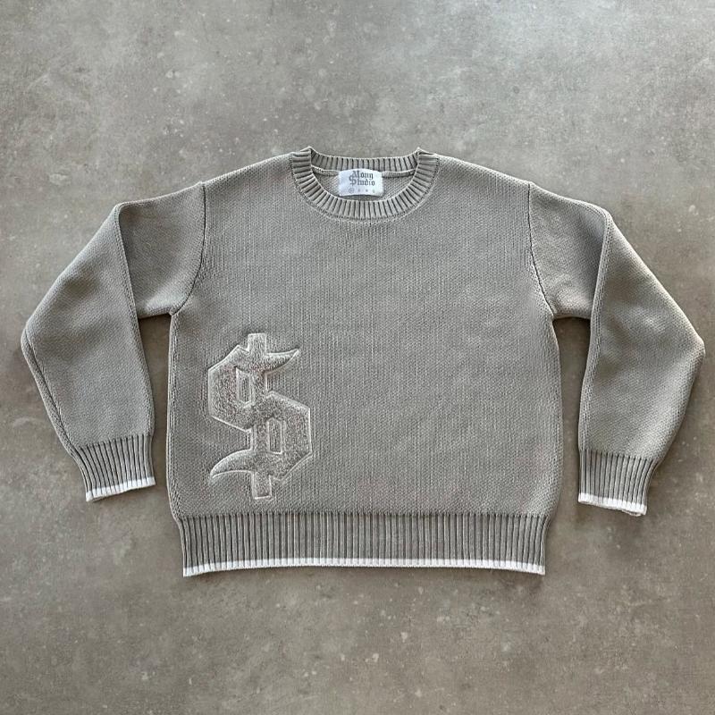 Embroidery Gothic - Grey Y2K Men Boxy Knitted Sweater
