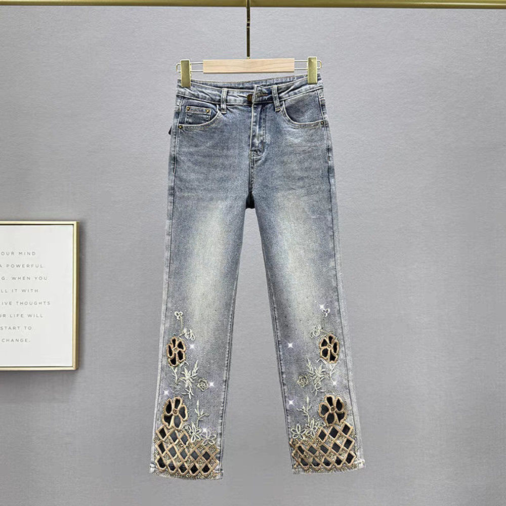 Embroidery Jeans Sakura - Summer Luxury Hollow Out Diamonds Straight