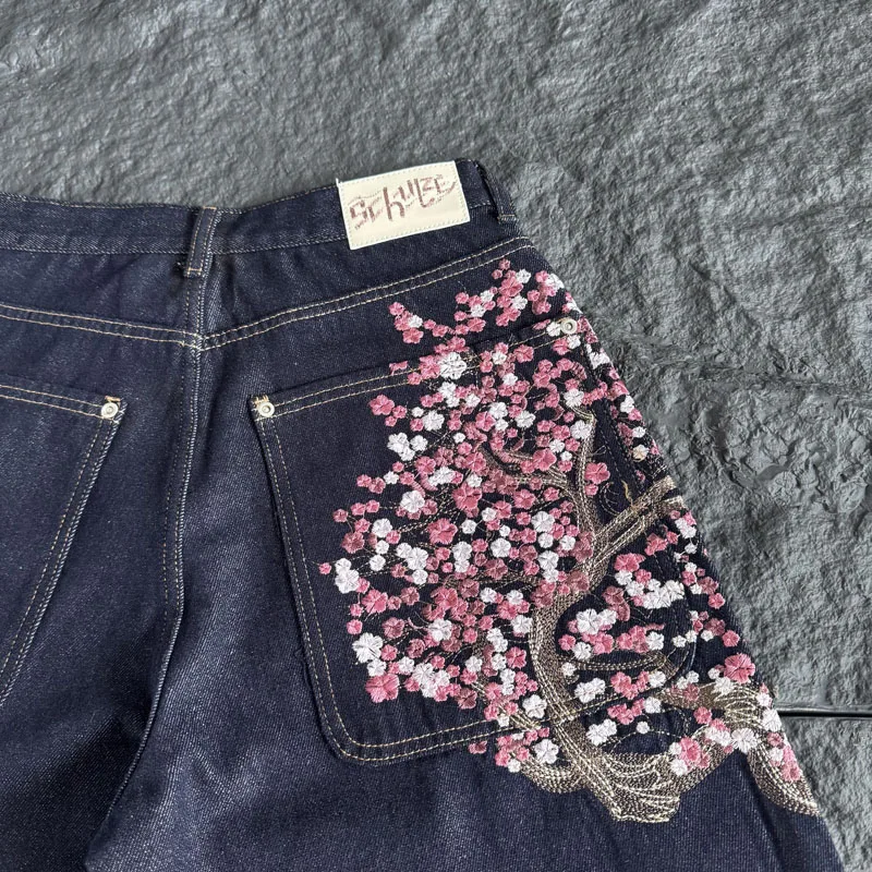 Men Women Dark Raw Denim Knee  - Embroidery Jeans Sakura recension och pris