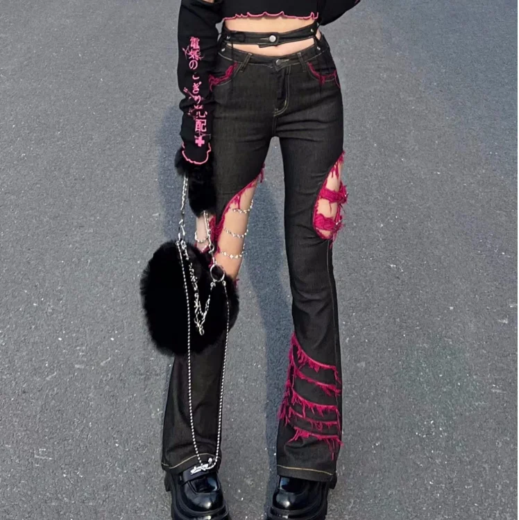 Japanese Punk Girl Black Jeans - Embroidery Jeans Sakura recension och pris