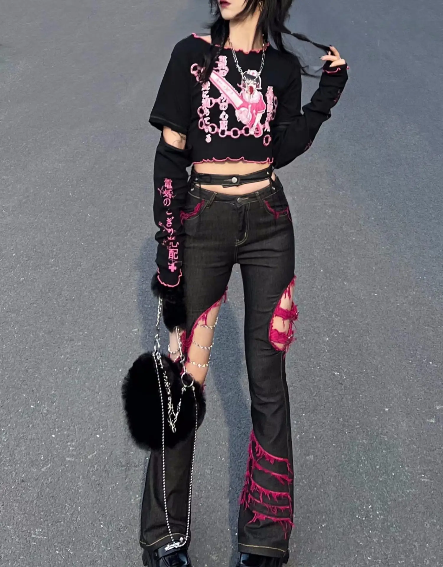 Japanese Punk Girl Black Jeans - Embroidery Jeans Sakura recension och pris