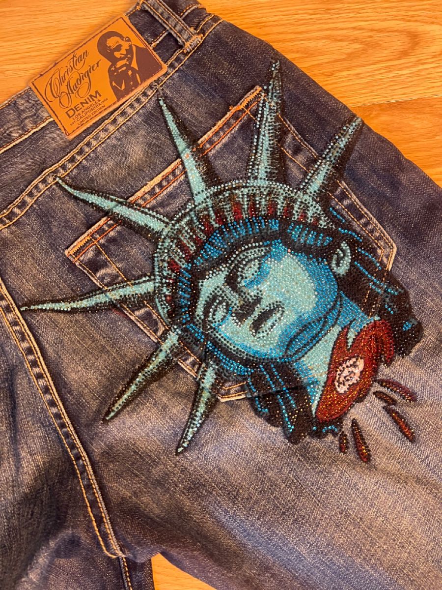 Y2k 2000s Statue of Liberty Di - Embroidery Jeans Sakura recension och pris